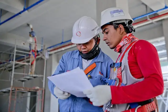 Two individuals in hard hats discussing plans at construction site, emphasizing the need for construction site security guard