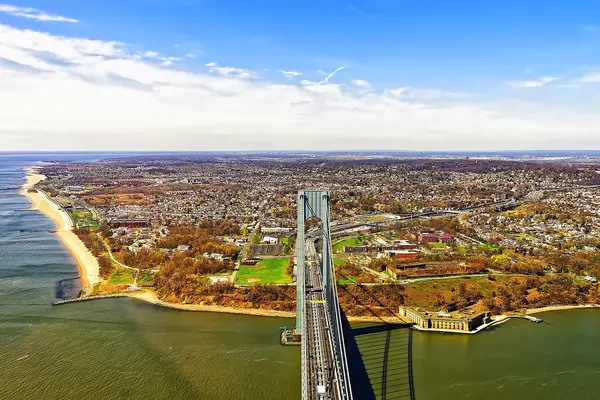 Aerial view of Staten Island highlighting urban landscape and waterfront, representing security guard services in NYC