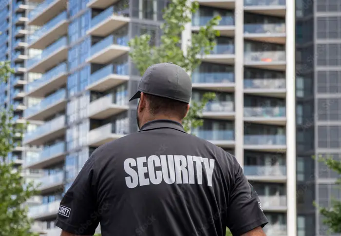 New York City Guard - Security professional in black t-shirt with 'SECURITY' facing modern high-rise buildings, representing top security guard services in NYC