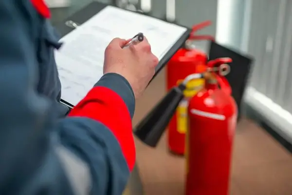 Security professional in red and blue uniform inspecting fire extinguishers, ensuring safety protocols are followed