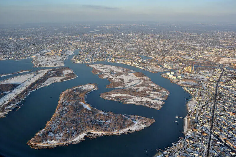 Aerial view of Nassau County showcasing urban and suburban landscape, highlighting security guard service Nassau County