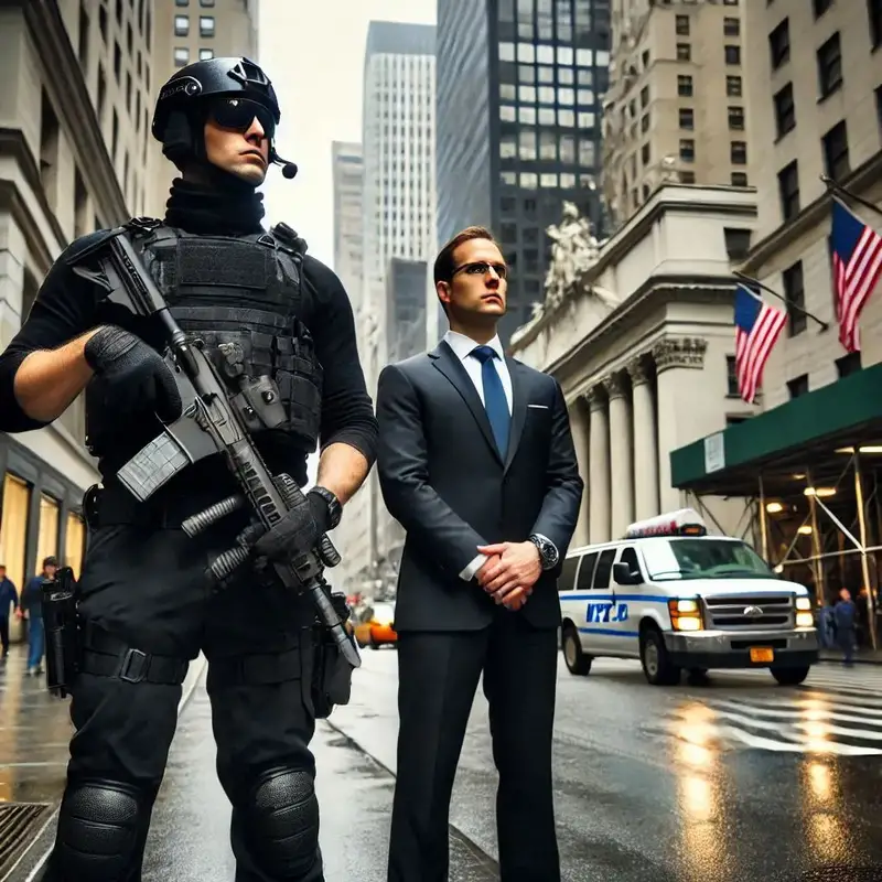 Vigilant armed security guard in uniform, showcasing urban environment and security guard services