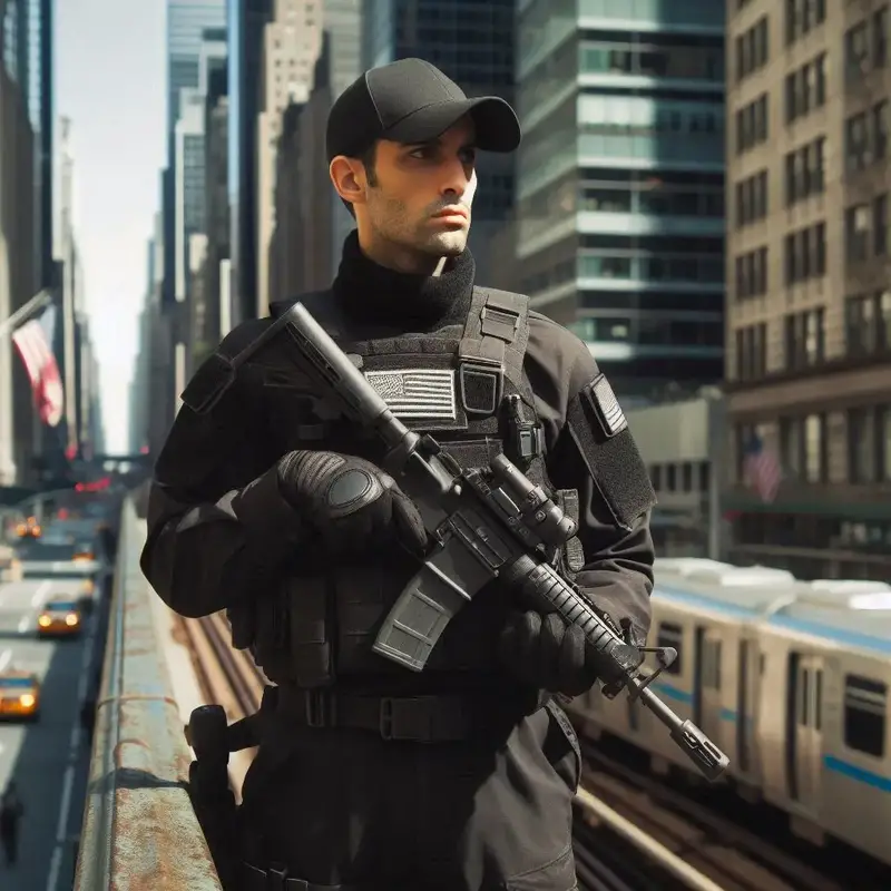 Armed Security guard monitoring busy area, showcasing vigilance and professionalism in providing security services